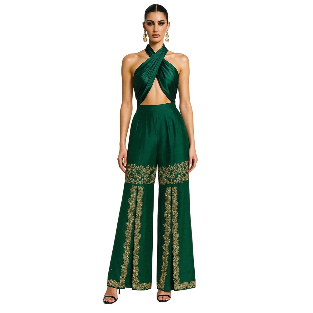 Vintage Emerald Green Embroidered Palazzo Pants Wide Leg Bohemian Party Trousers